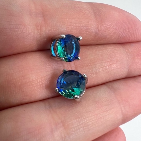 Blue Bicolor Tourmaline Round Stud Post Earrings 925 Sterling Silver 8mm New - Picture 6 of 9